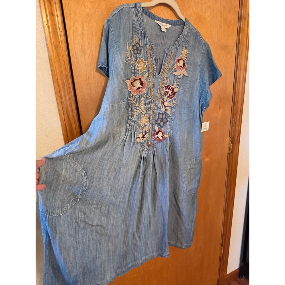 Coldwater Creek Embroidered Tencel Boho Shift Dress Blue Floral Plus 2X Pocket - Picture 9 of 9